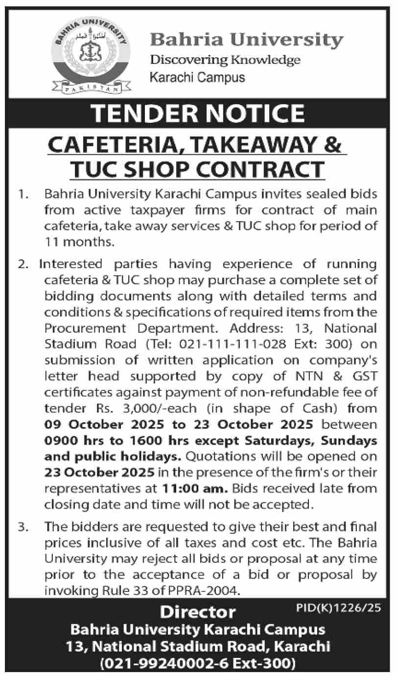 Bahria University Karachi Tender Notice